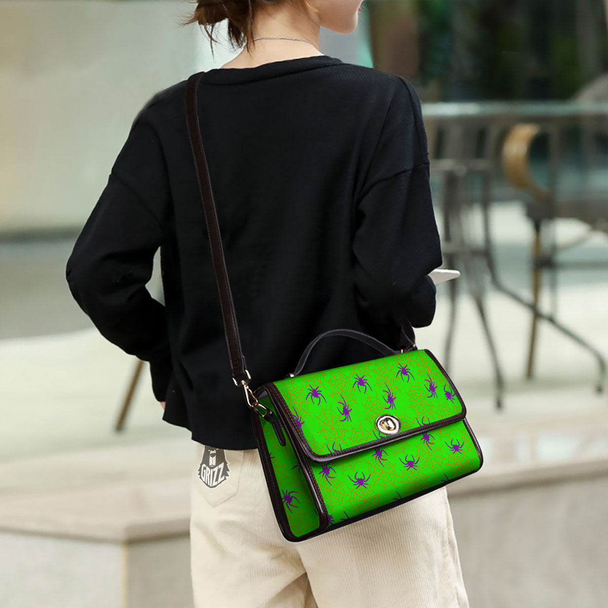 Spider Web Green And Purple Print Pattern Women's Satchel Bag - Image 3