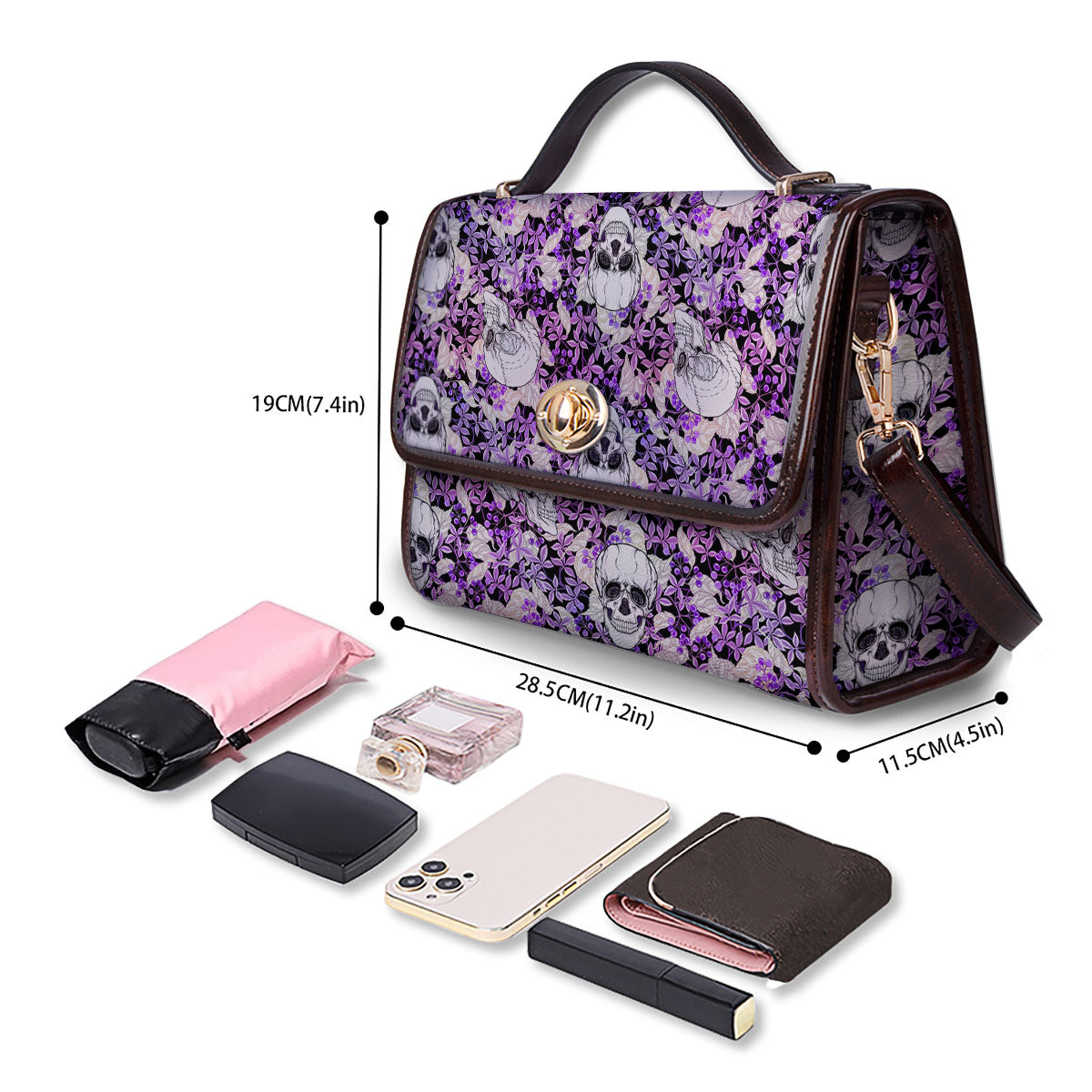 Skull Purple Tropical Print Pattern Women's Satchel Bag - Image 4