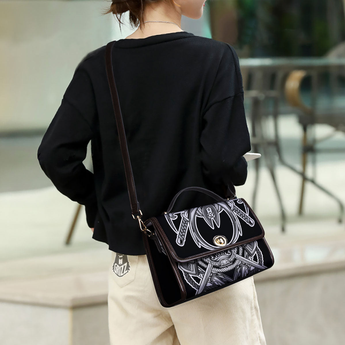 Samurai Mask Silver Print Women's Satchel Bag - Image 3