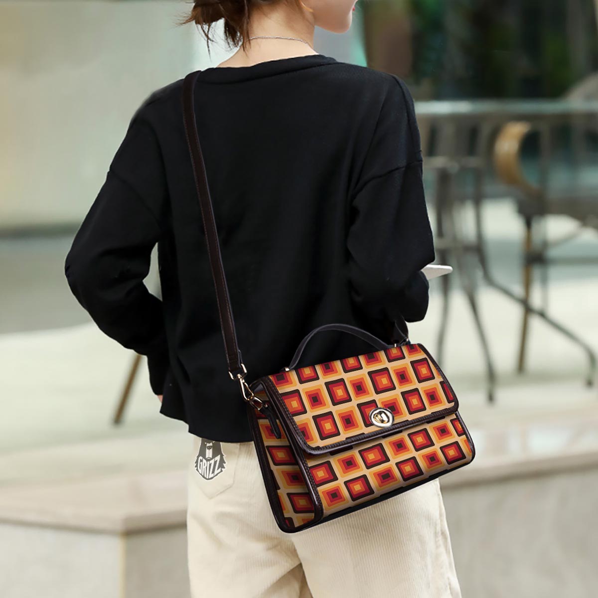 Rounded Square Retro Geometric Print Pattern Women's Satchel Bag - Image 3