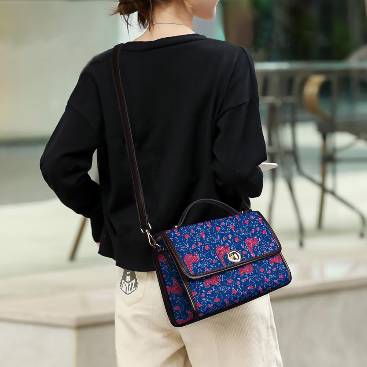 Red Rooster Blue Print Pattern Women's Satchel Bag - Image 3