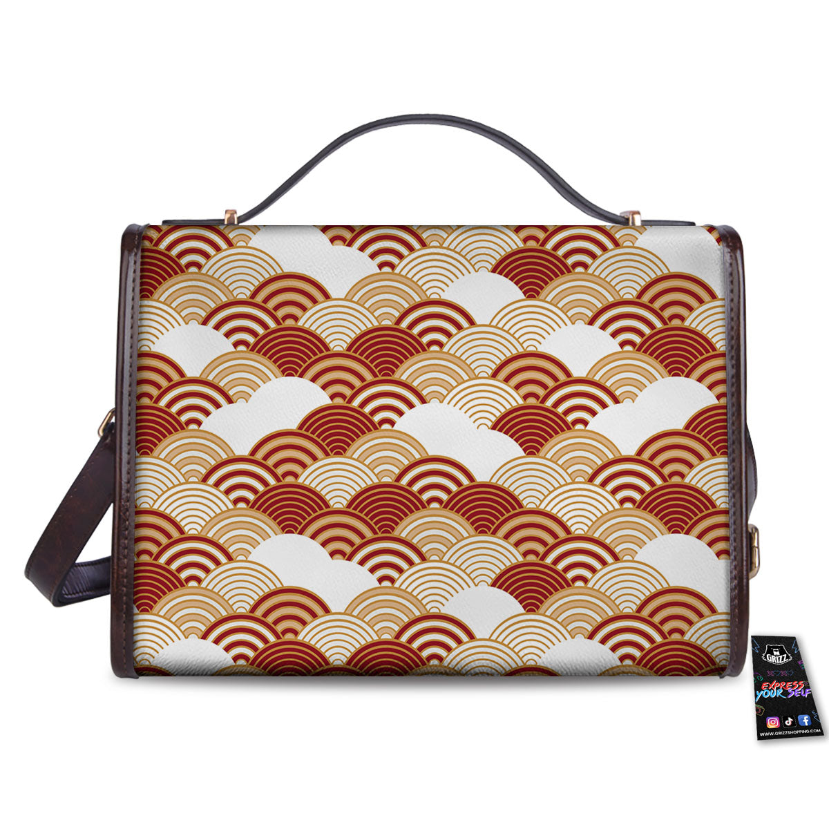 Japanese Beige And Red Print Pattern Women's Satchel Bag - Image 2