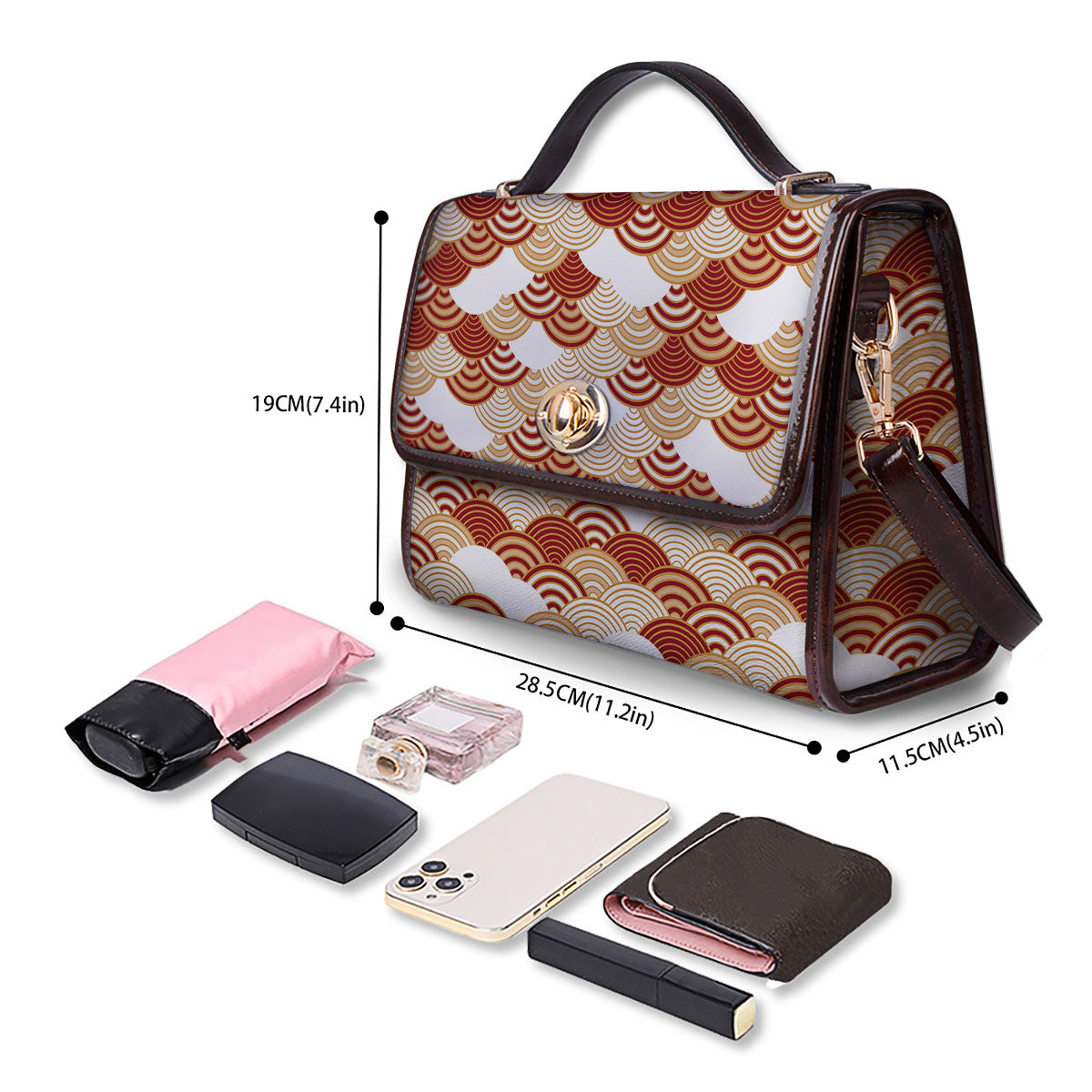Japanese Beige And Red Print Pattern Women's Satchel Bag - Image 4