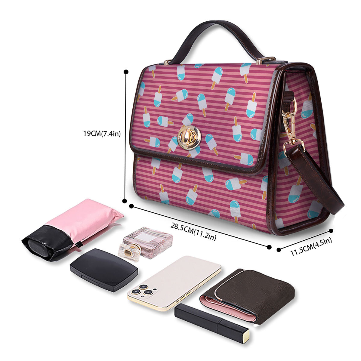 Ice Cream Pink Striped Print Pattern Women's Satchel Bag - Image 4