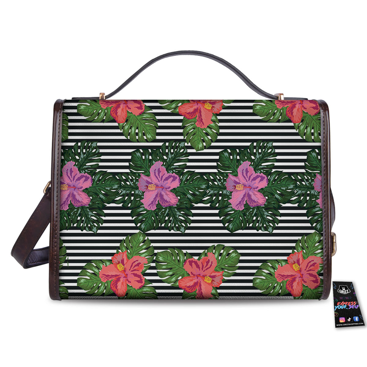 Hibiscus Striped Pink Print Pattern Women's Satchel Bag - Image 2