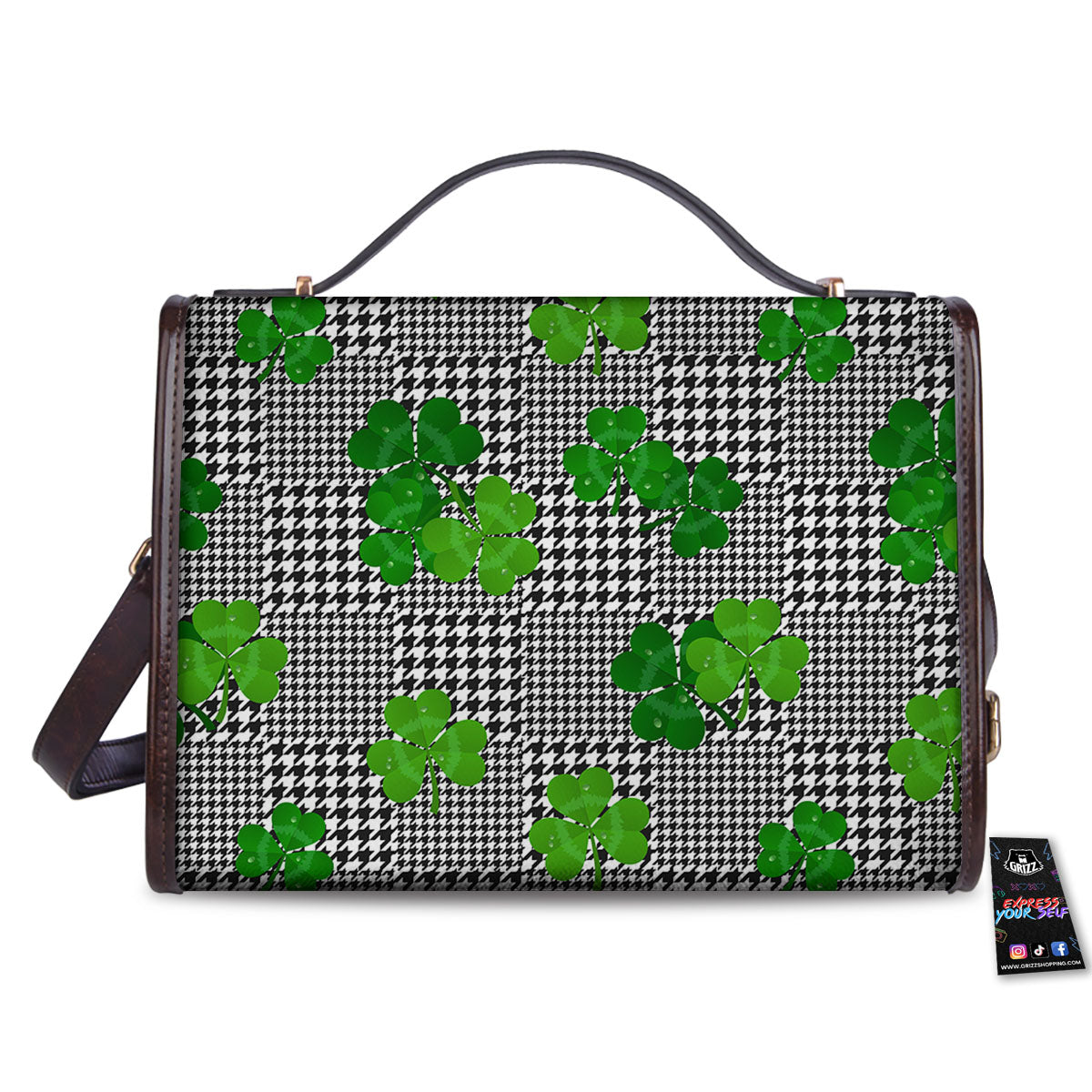 Houndstooth Shamrocks Print Pattern Women's Satchel Bag - Image 2