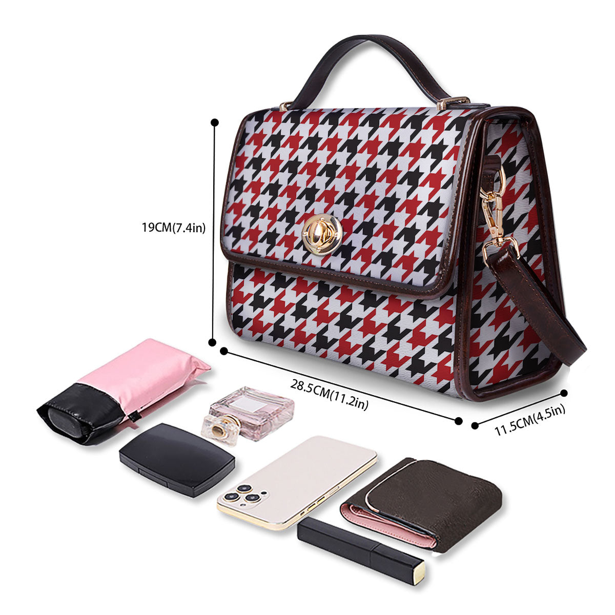 Houndstooth White And Red Print Pattern Women's Satchel Bag - Image 4