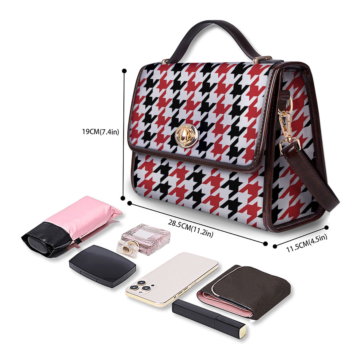 Houndstooth Black And Red Print Pattern Women's Satchel Bag - Image 4
