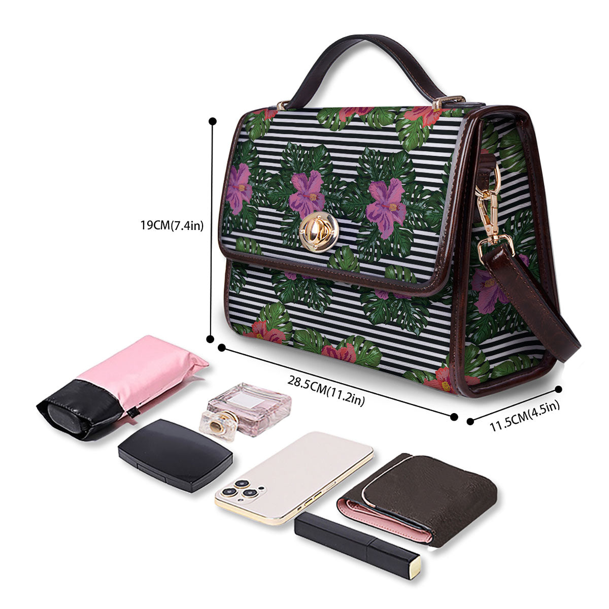 Hibiscus Striped Pink Print Pattern Women's Satchel Bag - Image 4