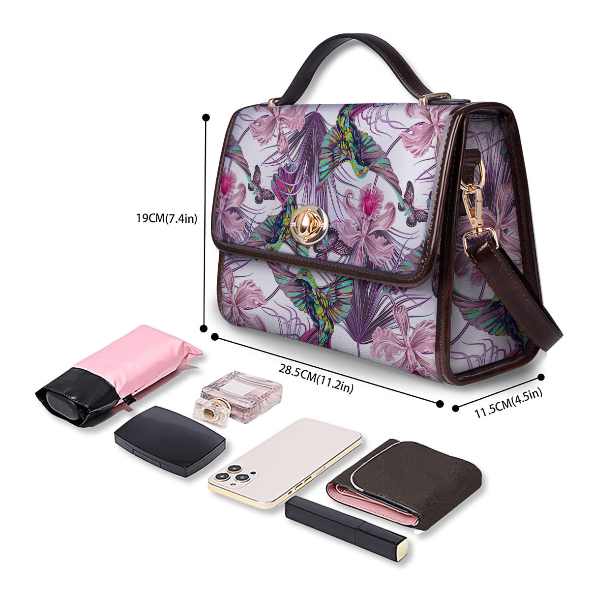 Hummingbird And Pink Flowers Print Women's Satchel Bag - Image 4