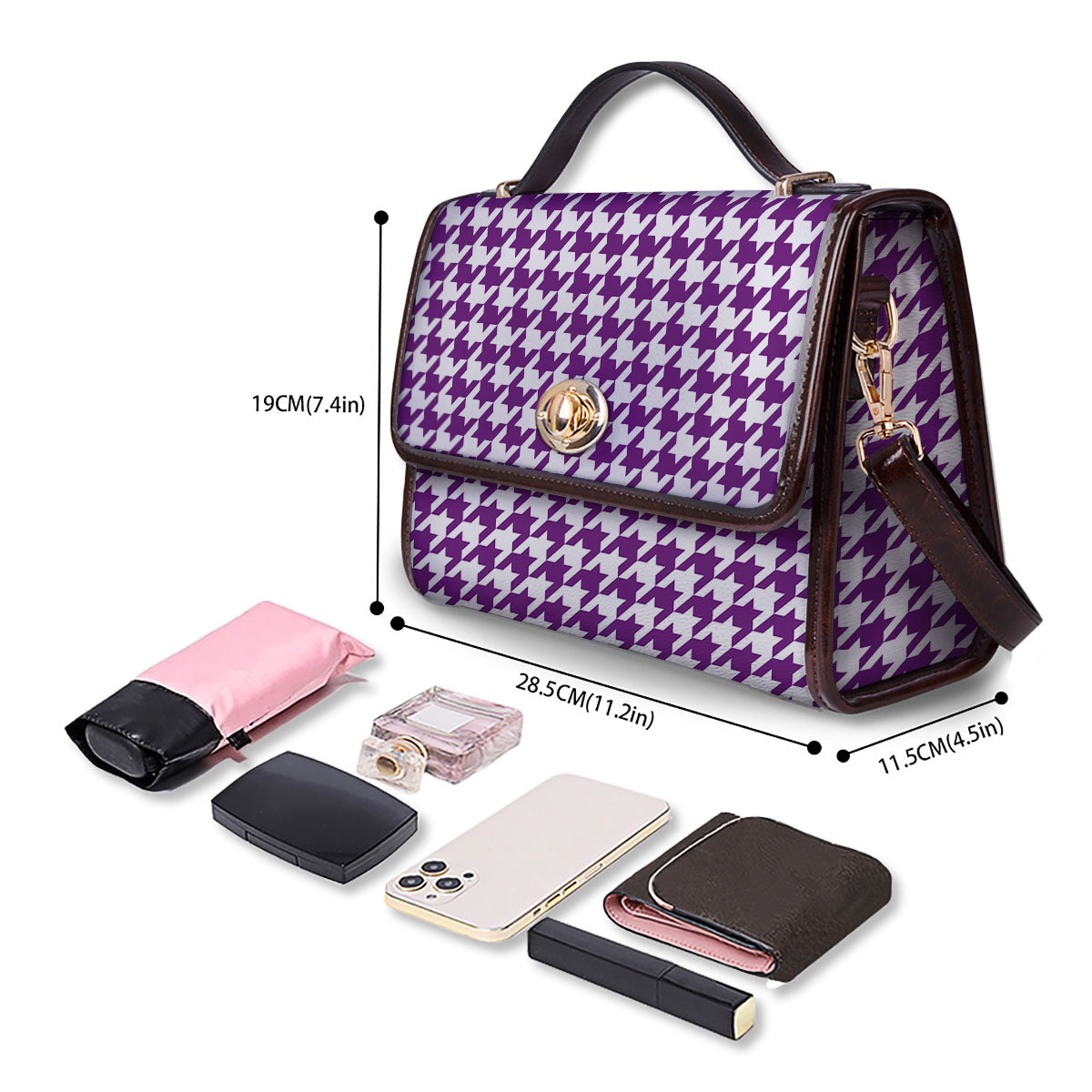 Houndstooth White And Purple Print Women's Satchel Bag - Image 4