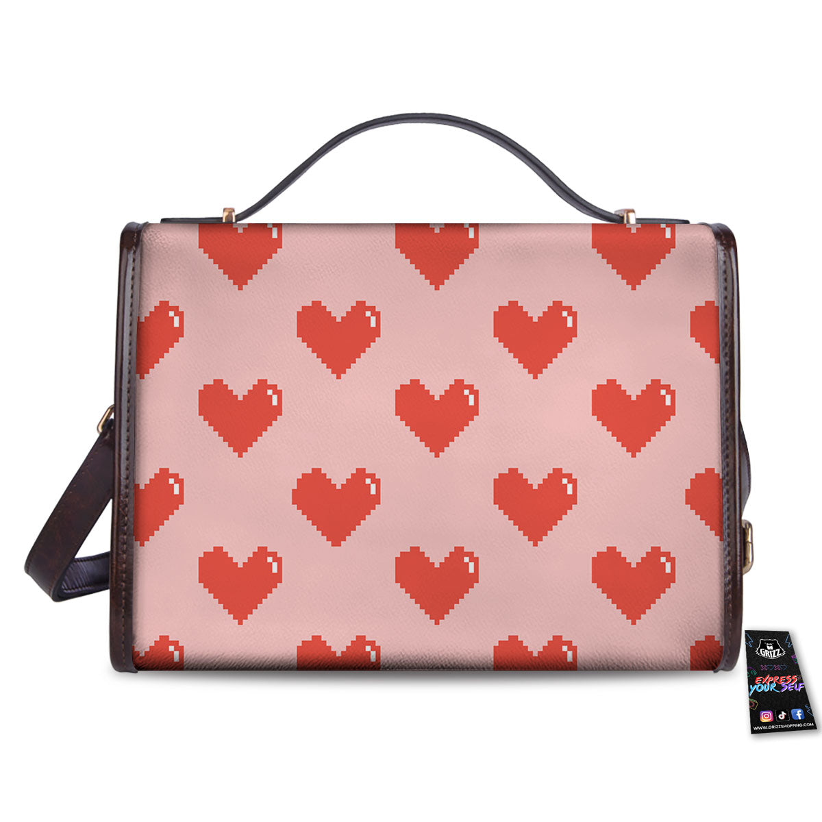 Heart Pixel Print Pattern Women's Satchel Bag - Image 2