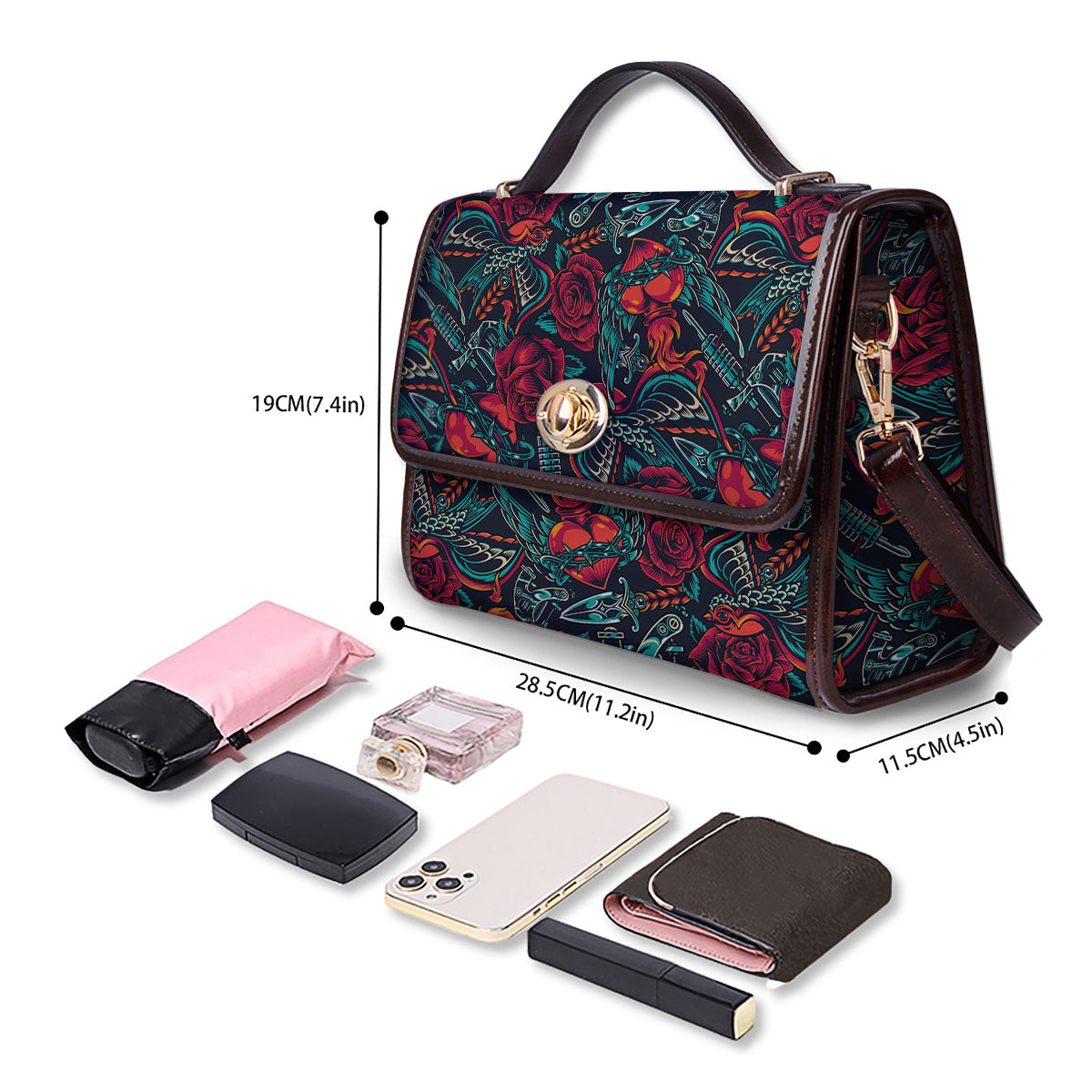 Heart And Rose Print Pattern Women's Satchel Bag - Image 4
