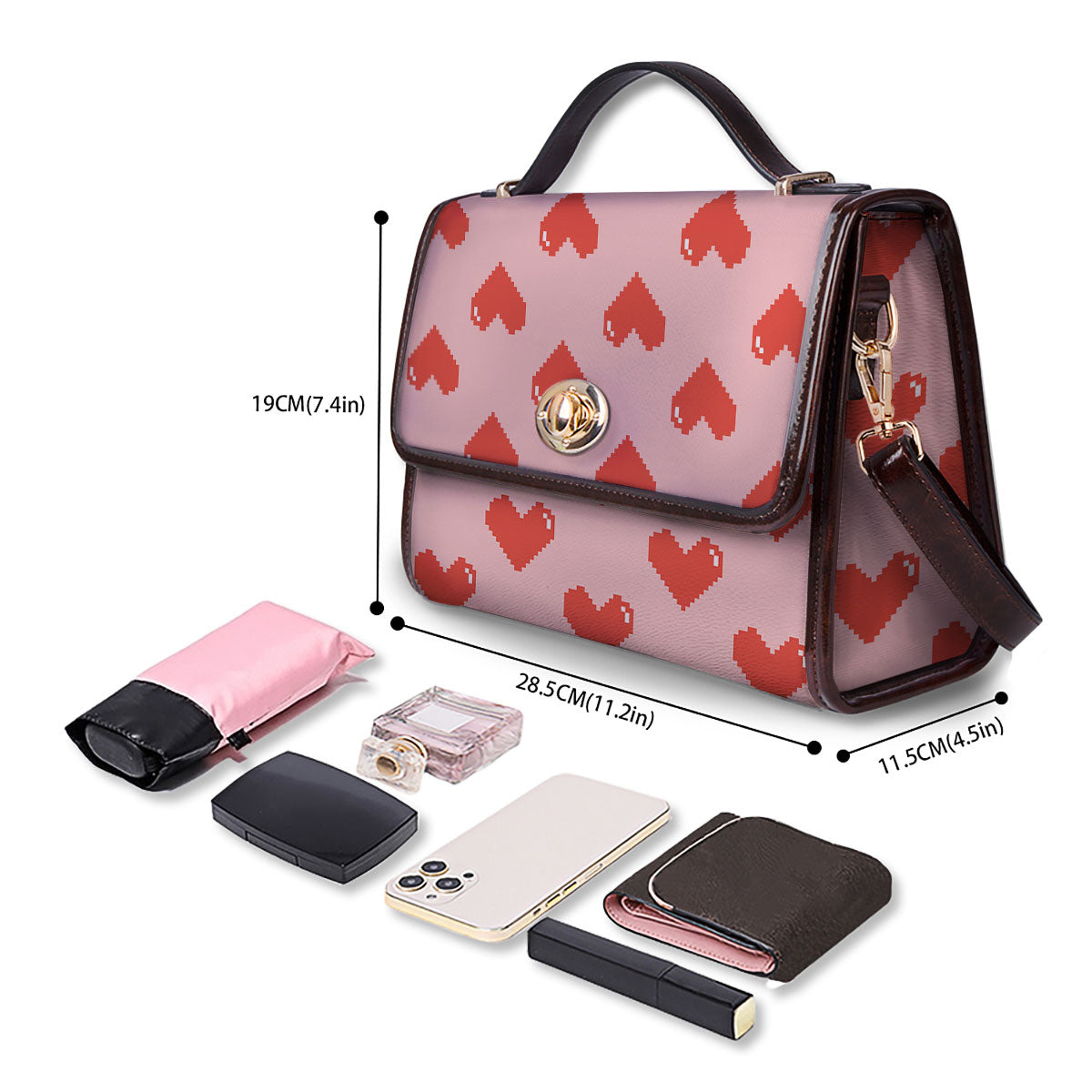 Heart Pixel Print Pattern Women's Satchel Bag - Image 4