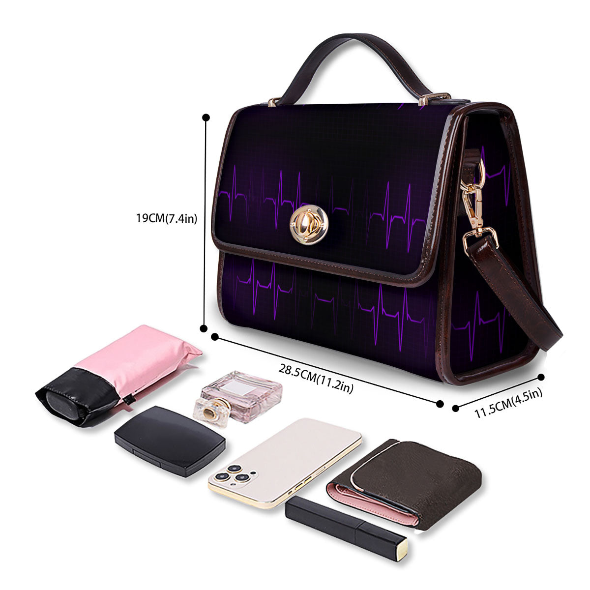 Heartbeat Purple Print Pattern Women's Satchel Bag - Image 4