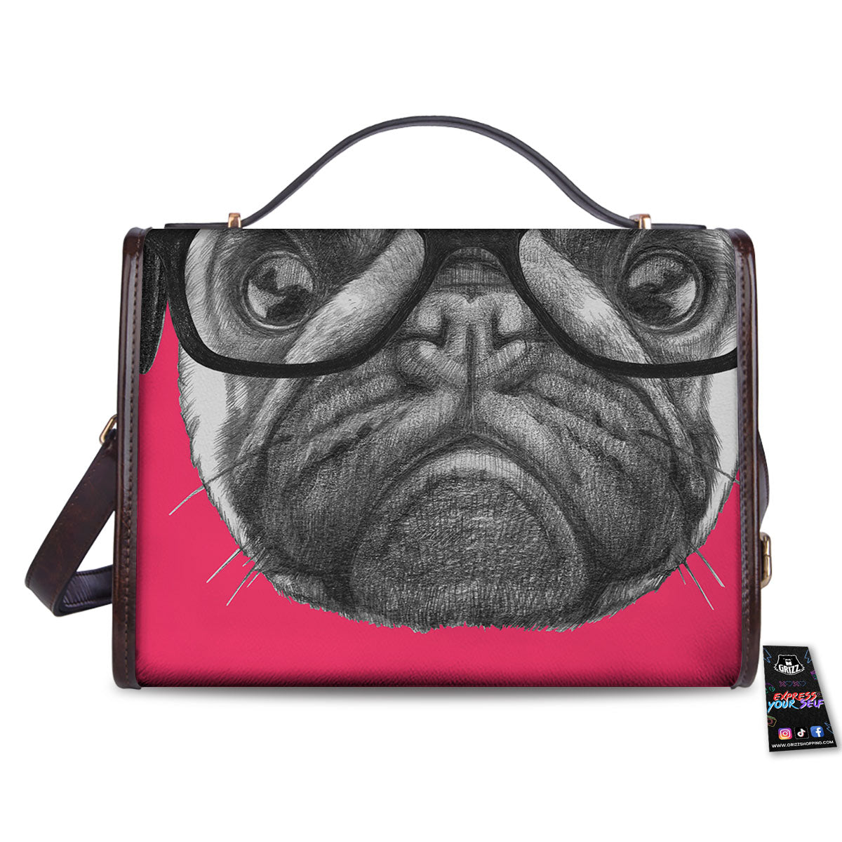Glasses Pug Portrait Print Women's Satchel Bag - Image 2