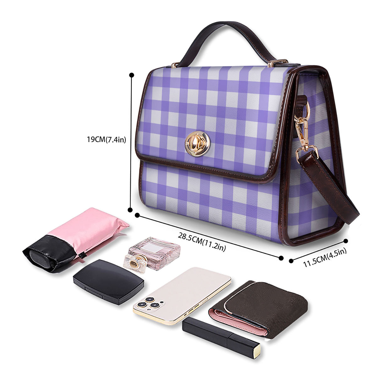 Gingham White And Purple Print Pattern Women's Satchel Bag - Image 4