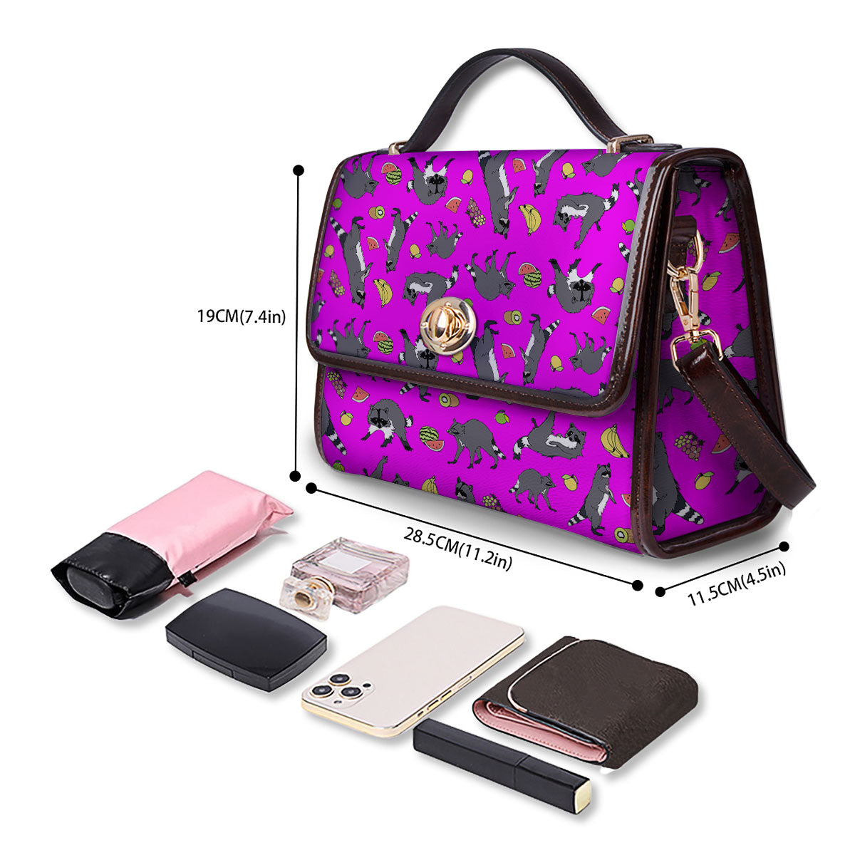 Fruit And Raccoon Print Pattern Women's Satchel Bag - Image 4