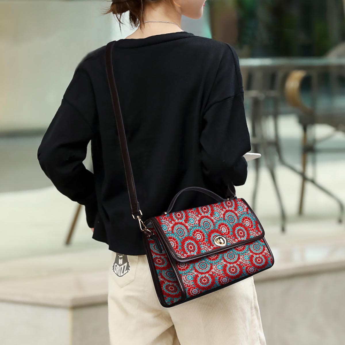 Flower Red Boho Print Pattern Women's Satchel Bag - Image 3