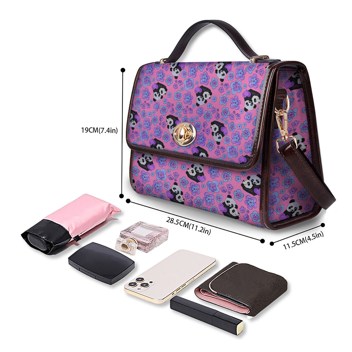 Flower And Purple Panda Print Pattern Women's Satchel Bag - Image 4