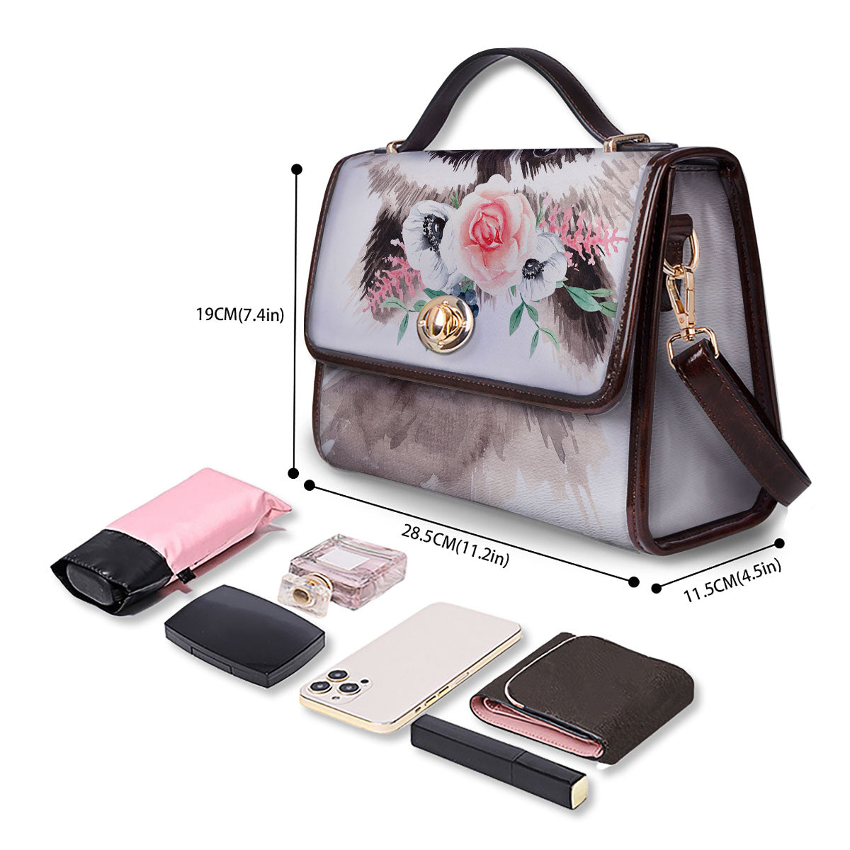 Flower And Raccoon Print Women's Satchel Bag - Image 4