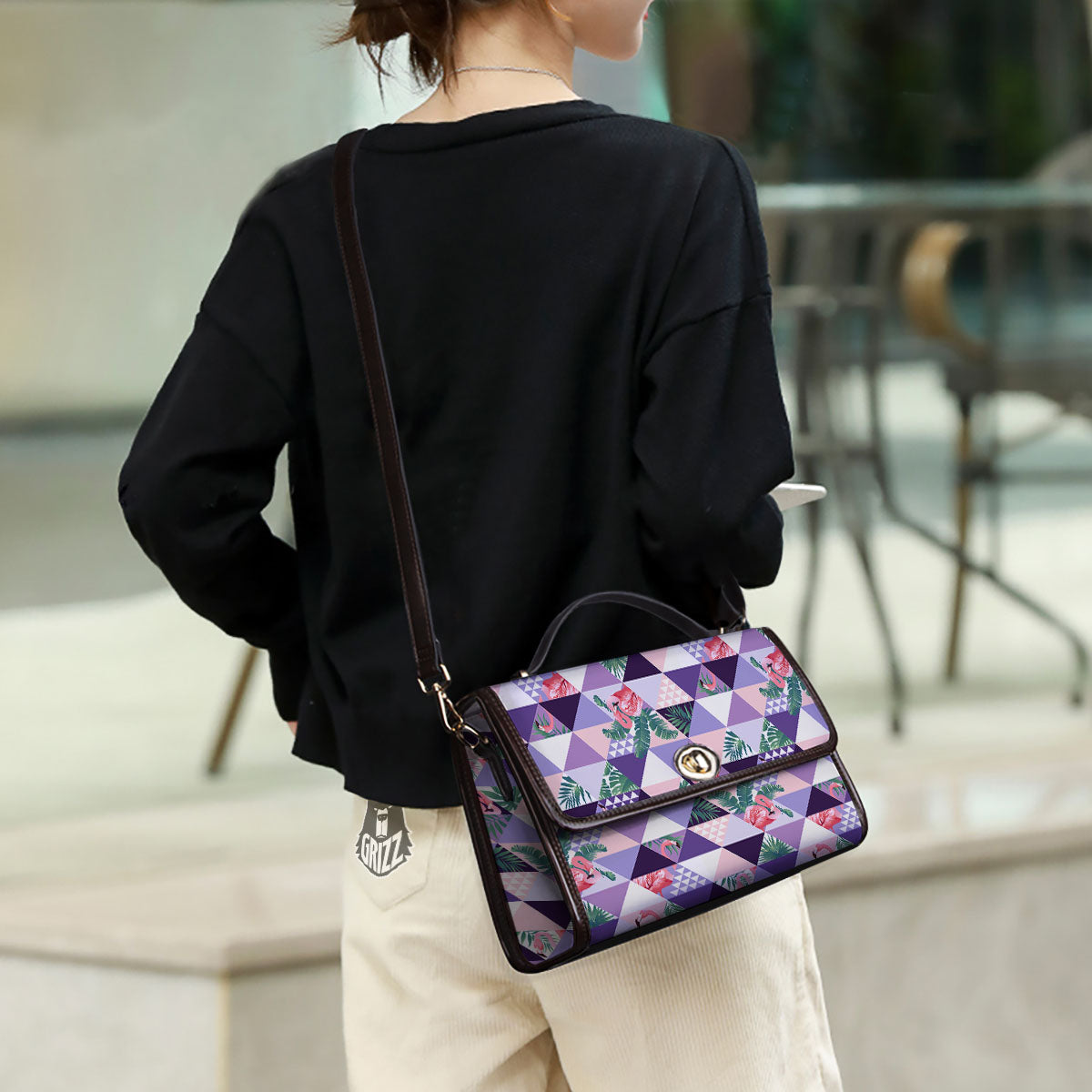 Flamingo Geometric Purple Print Pattern Women's Satchel Bag - Image 3