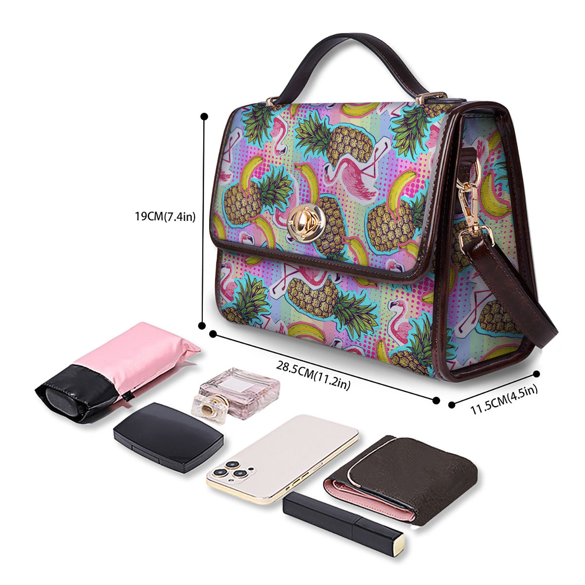 Flamingo And Pineapple Rainbow Print Pattern Women's Satchel Bag - Image 4