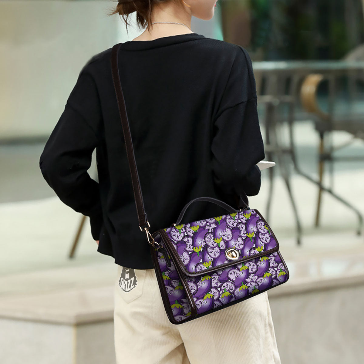 Eggplant Purple Print Pattern Women's Satchel Bag - Image 3