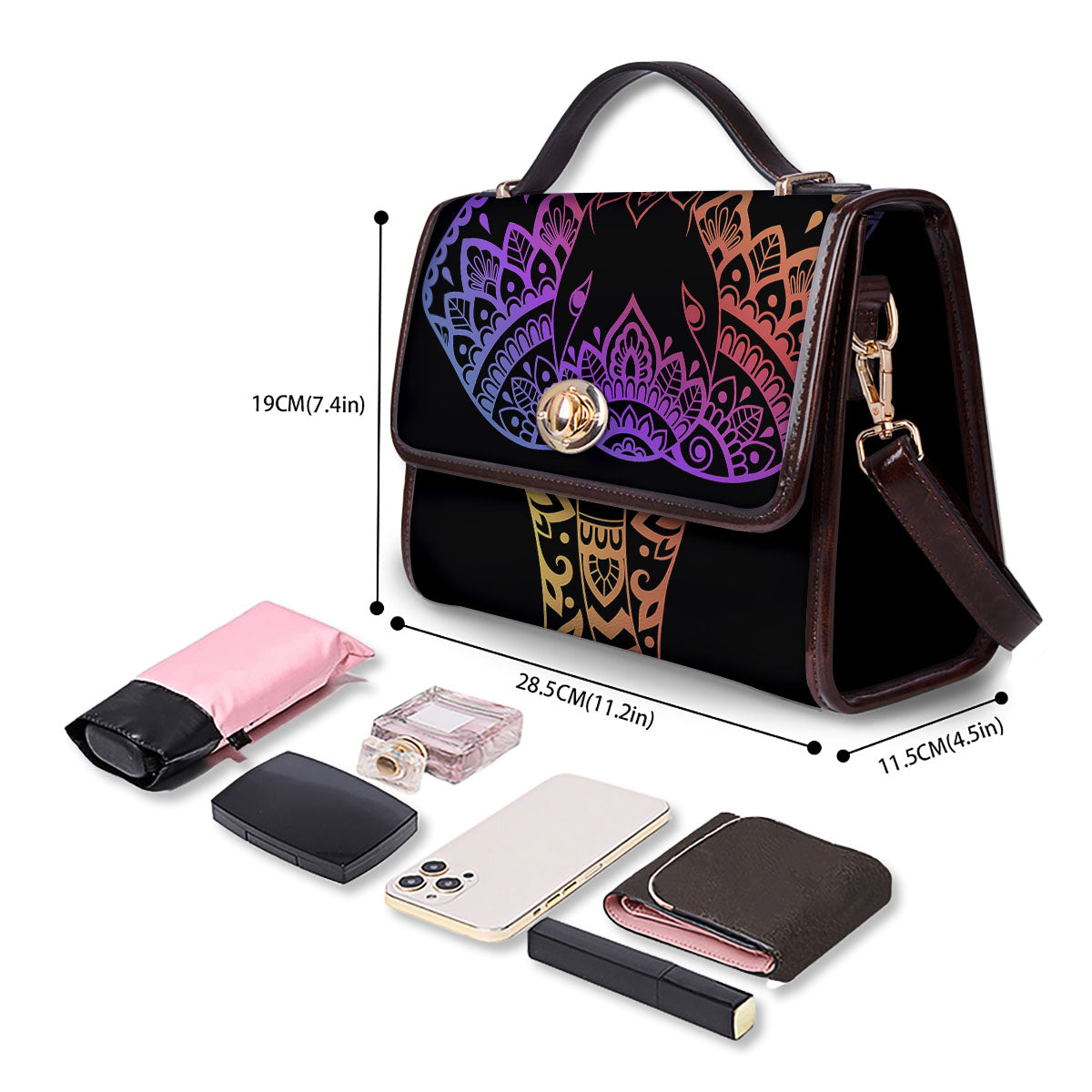 Elephant Black Rainbow Indian Print Women's Satchel Bag - Image 4