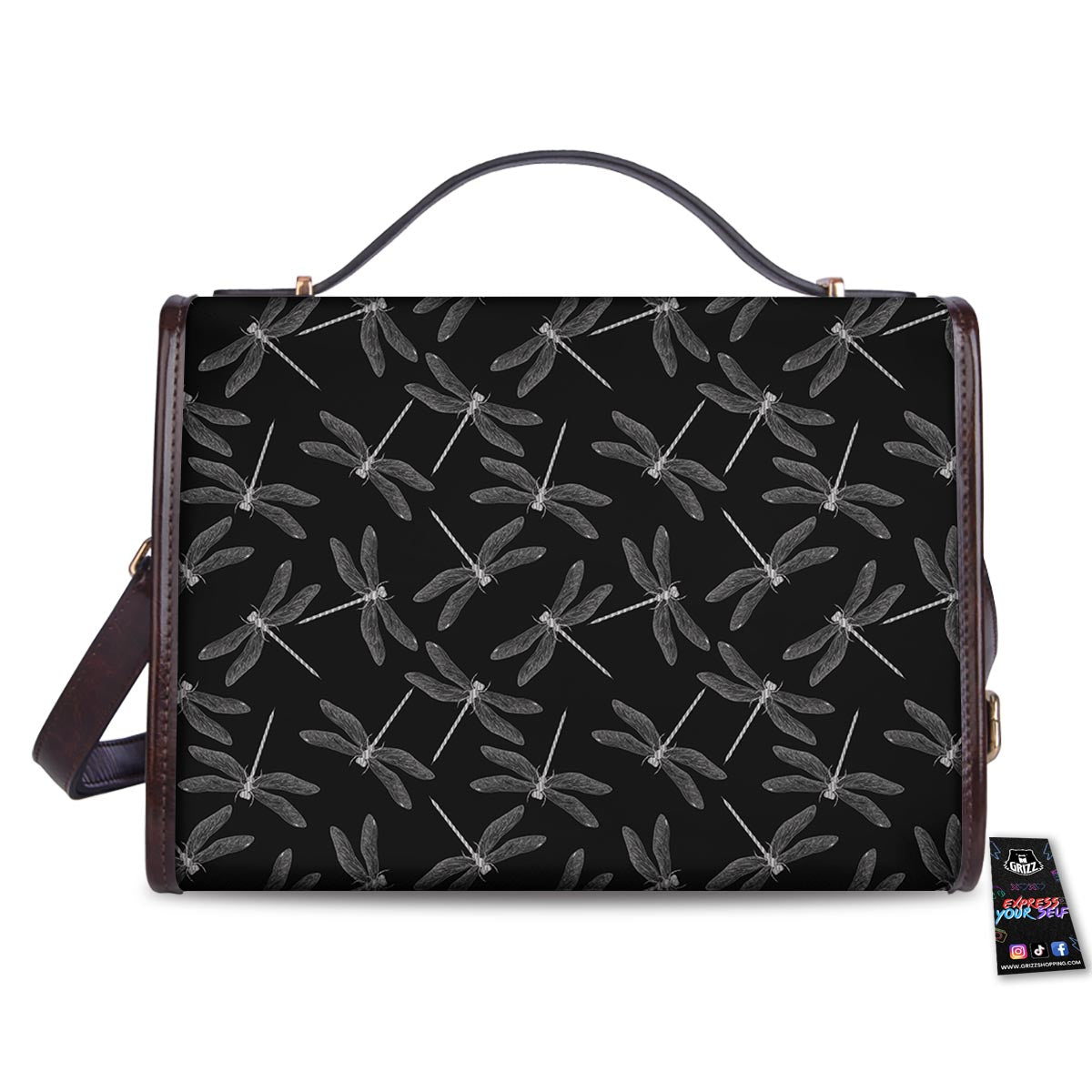 Dragonfly Black Print Pattern Women's Satchel Bag - Image 2