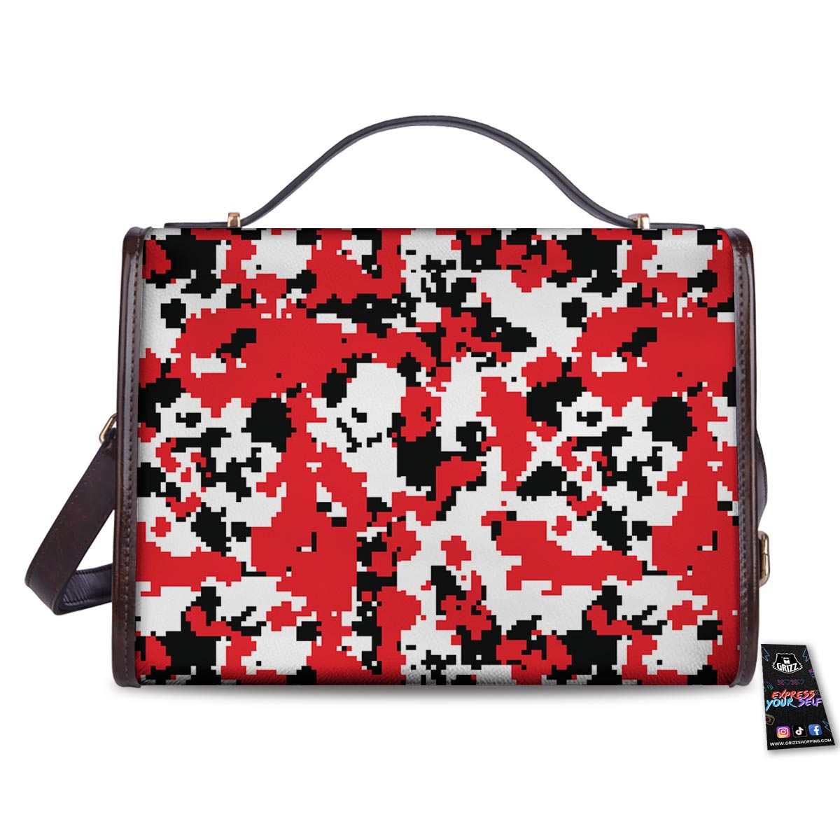 Digital Camo Red White And Black Print Pattern Women's Satchel Bag - Image 2