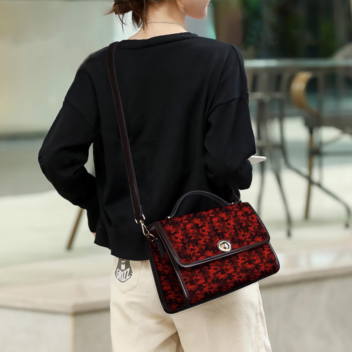 Digital Camo Black And Red Print Pattern Women's Satchel Bag - Image 3