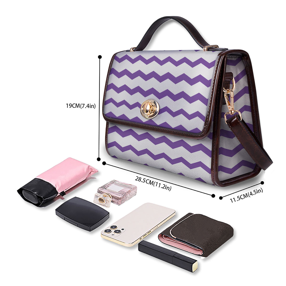 Chevron White And Purple Print Pattern Women's Satchel Bag - Image 4