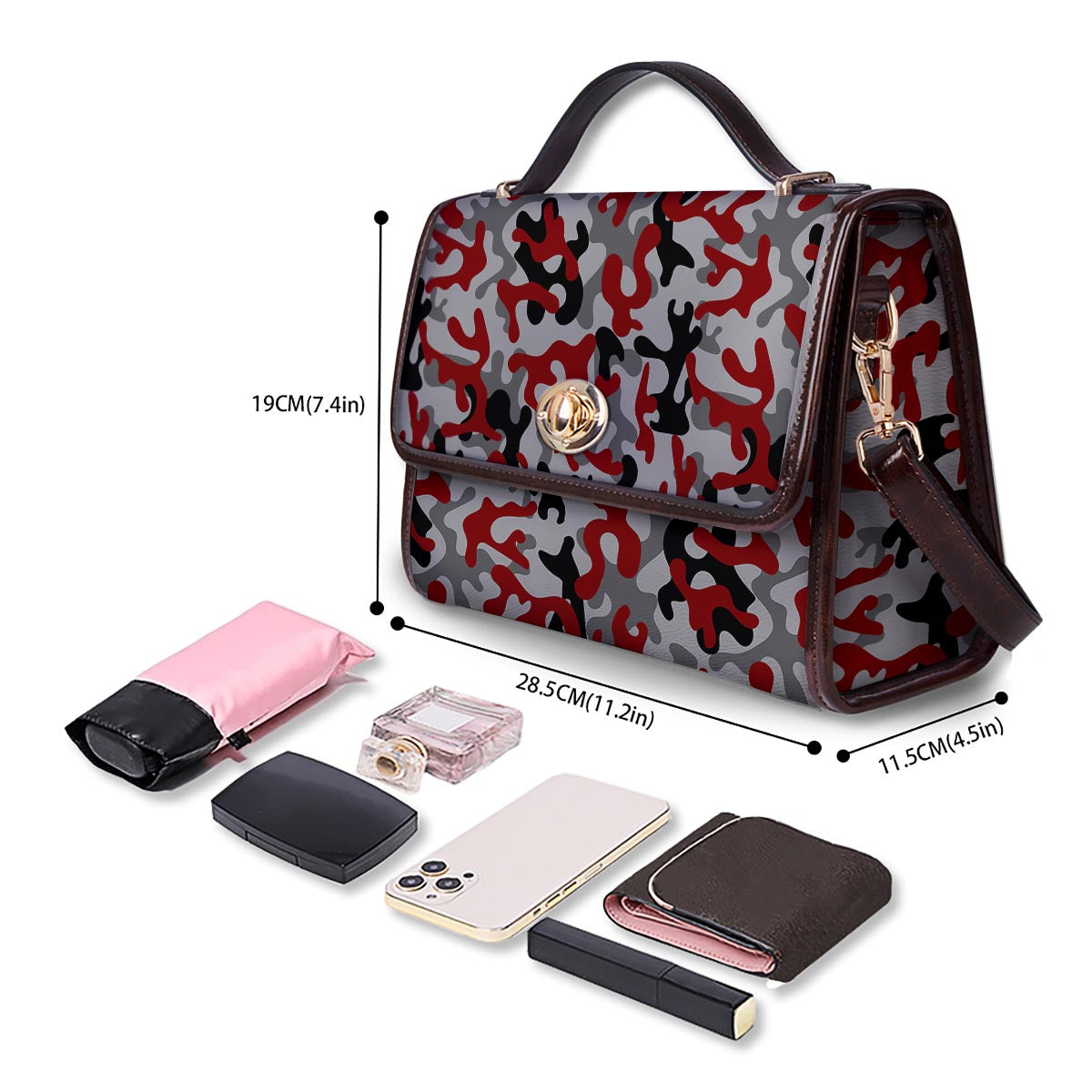 Camouflage Red Grey Print Pattern Women's Satchel Bag - Image 4
