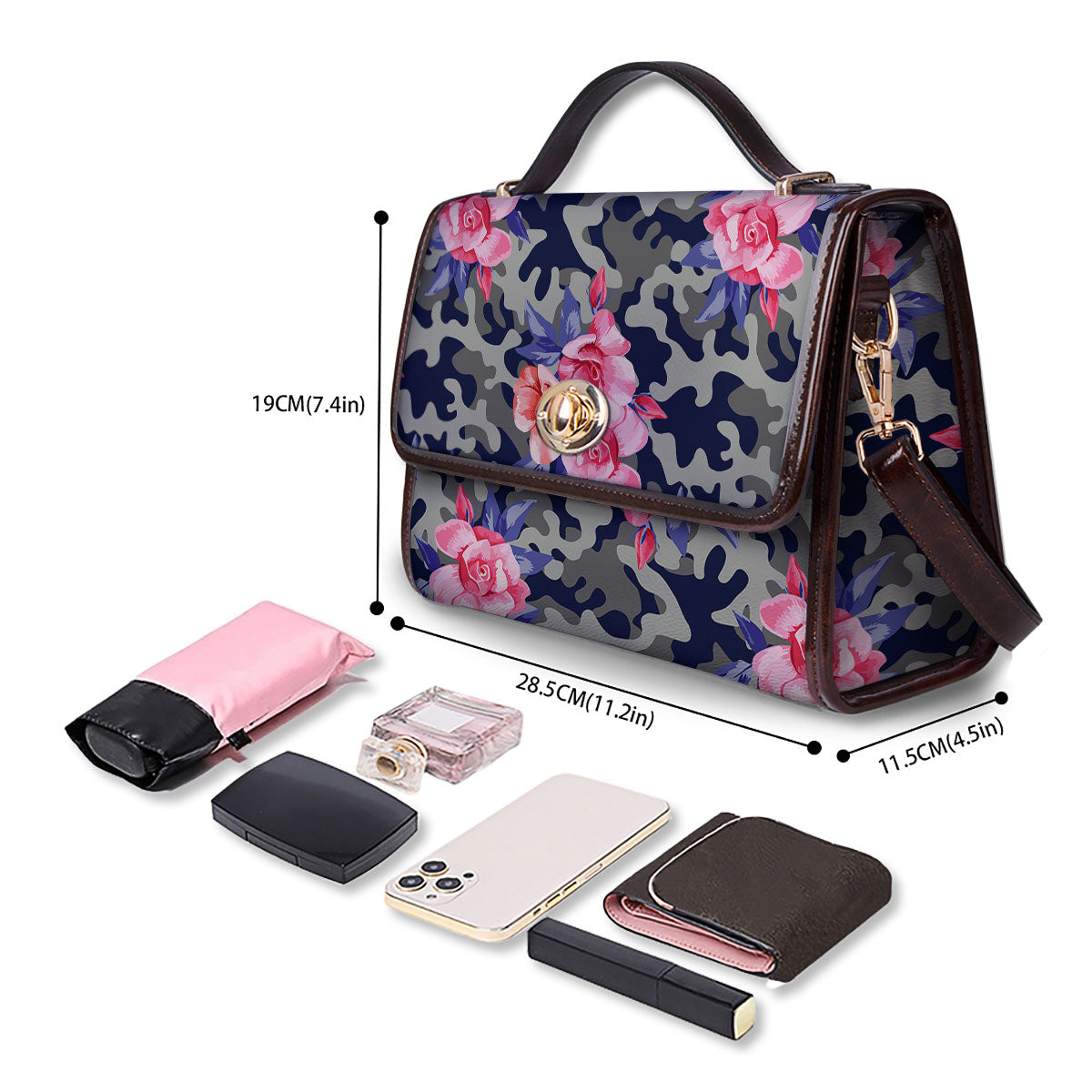 Camouflage Flower Pink Rose Print Women's Satchel Bag - Image 4