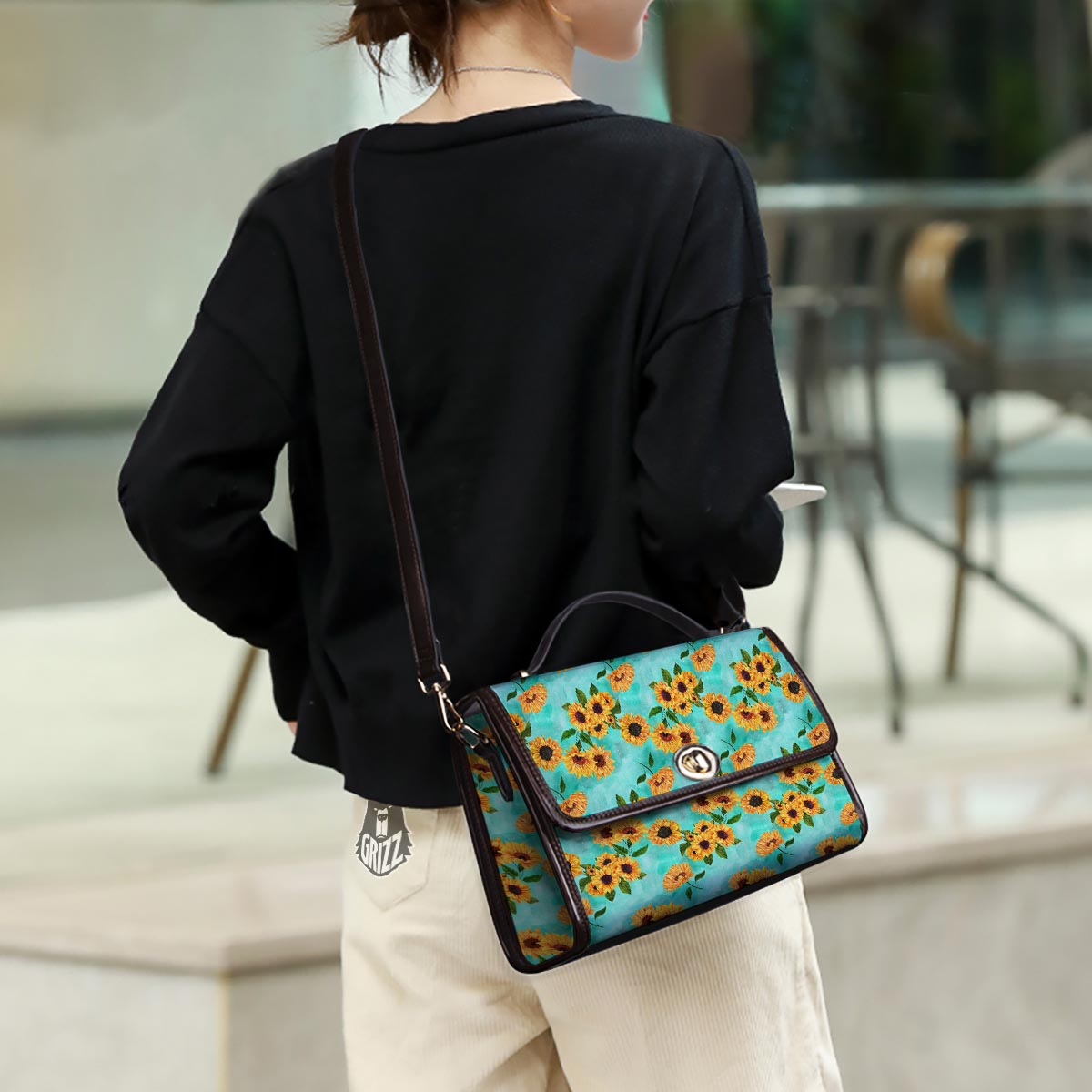 Sunflower Teal Watercolor Print Pattern Women's Satchel Bag - Image 3