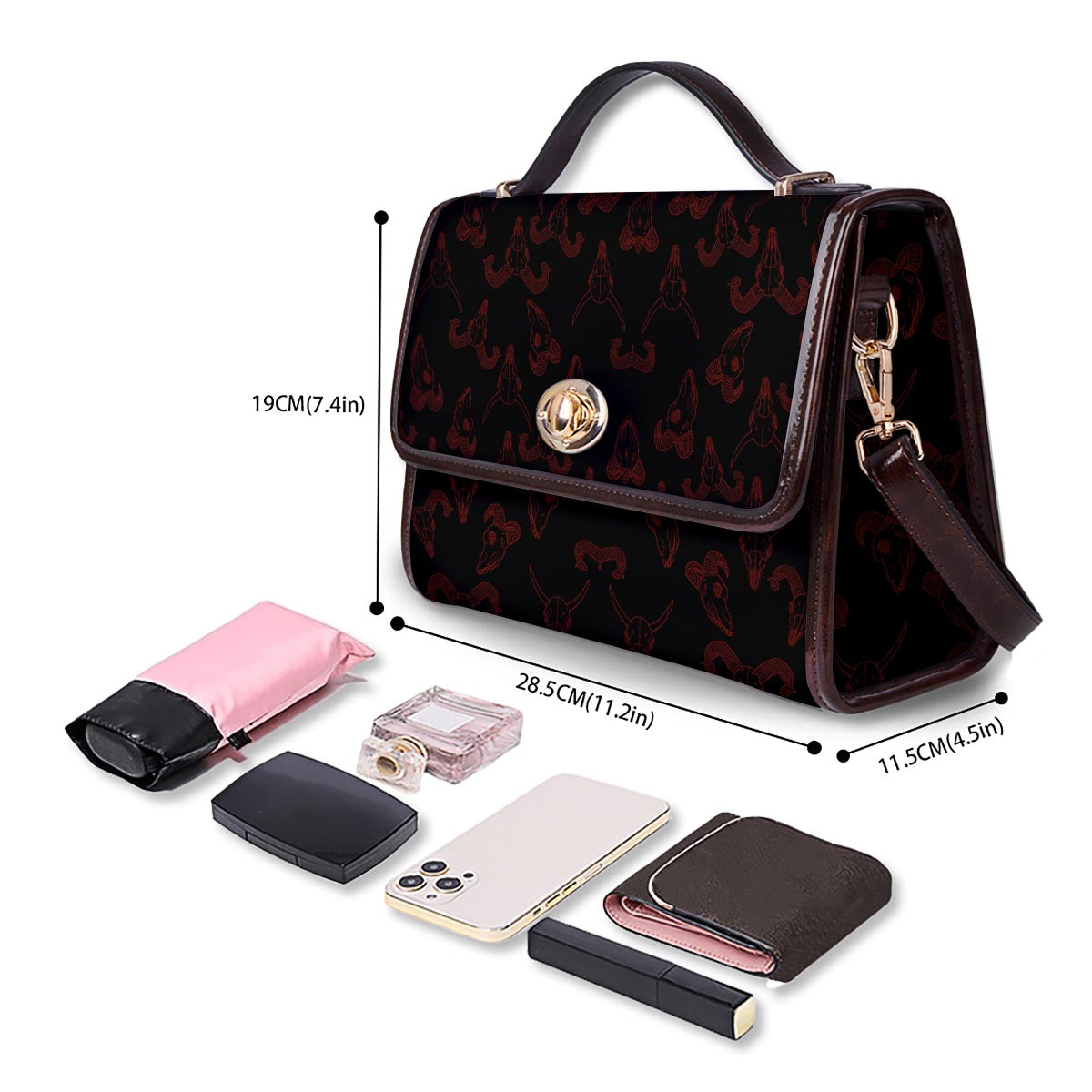 Bull Skull Black And Red Print Pattern Women's Satchel Bag - Image 4