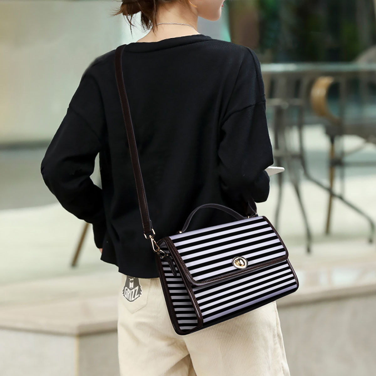 Striped White And Black Print Pattern Women's Satchel Bag - Image 3