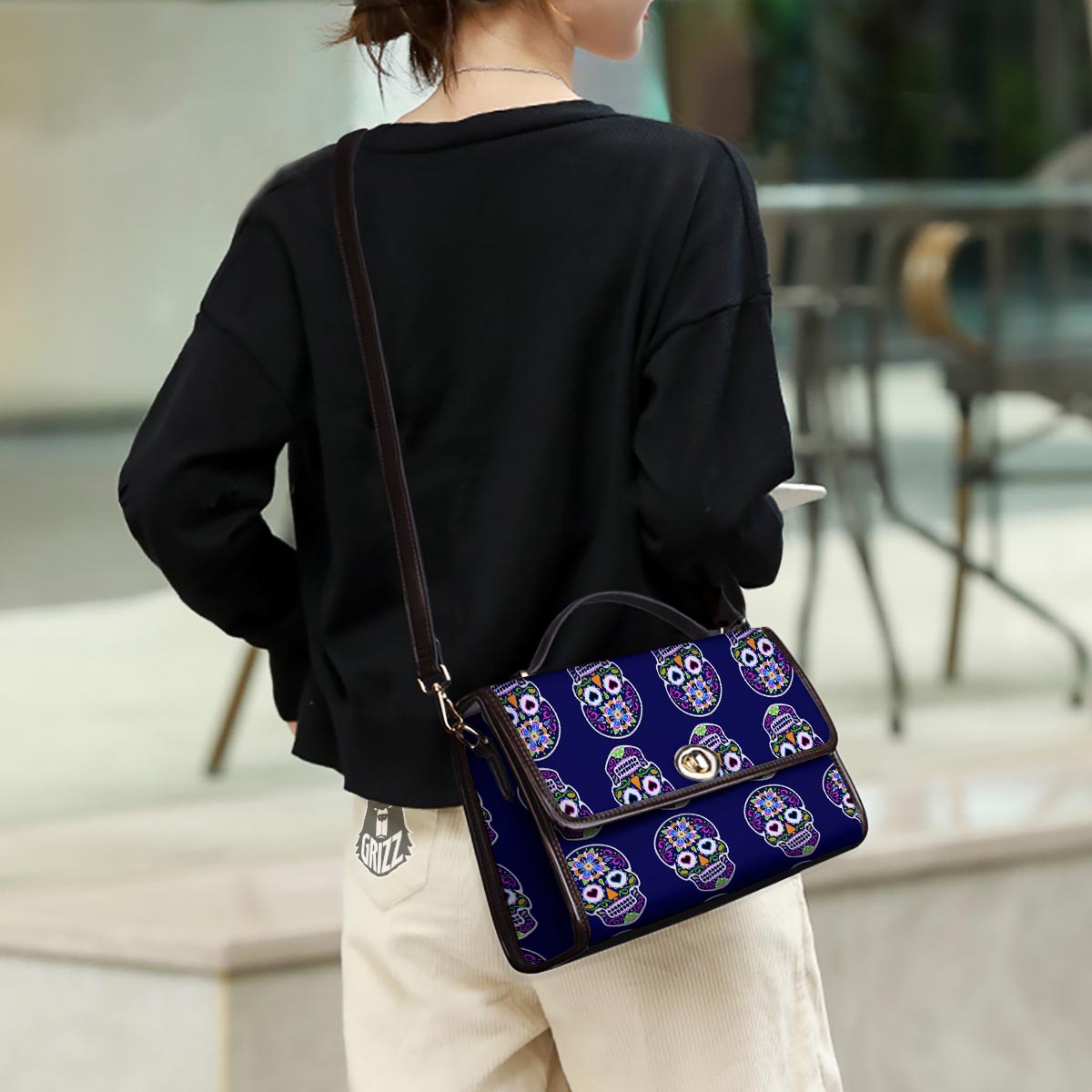 Sugar Skull Teal Pink Print Pattern Women's Satchel Bag - Image 3