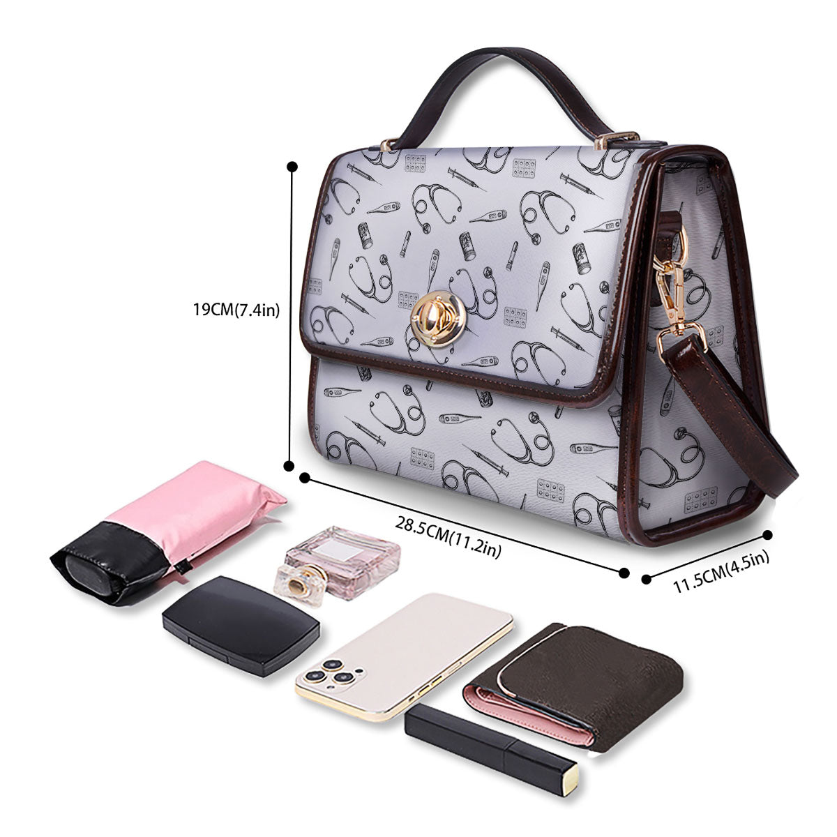Stethoscope White And Black Print Pattern Women's Satchel Bag - Image 4