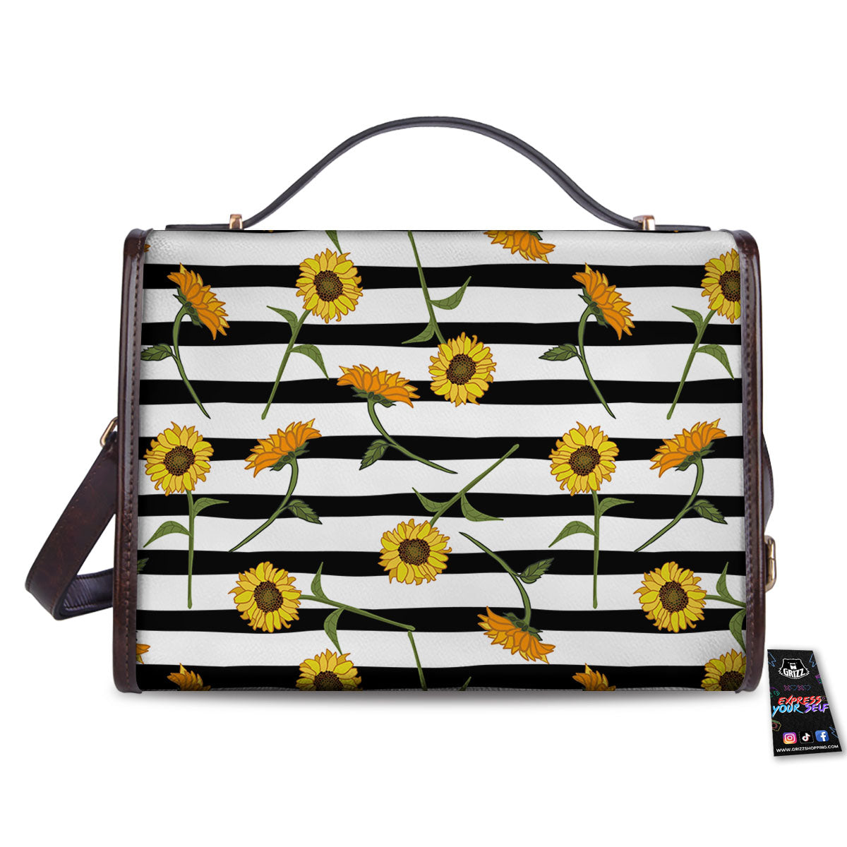 Stripe Sunflower White And Black Print Pattern Women's Satchel Bag - Image 2