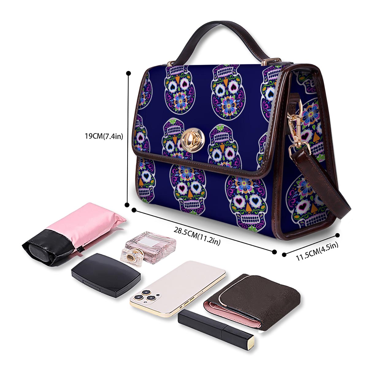 Sugar Skull Teal Pink Print Pattern Women's Satchel Bag - Image 4