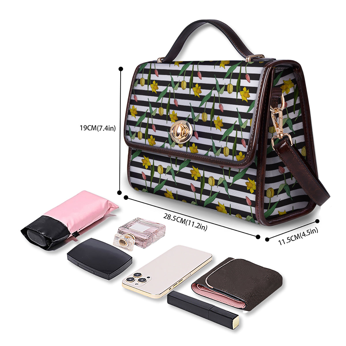 Striped Daffodil Yellow Print Pattern Women's Satchel Bag - Image 4
