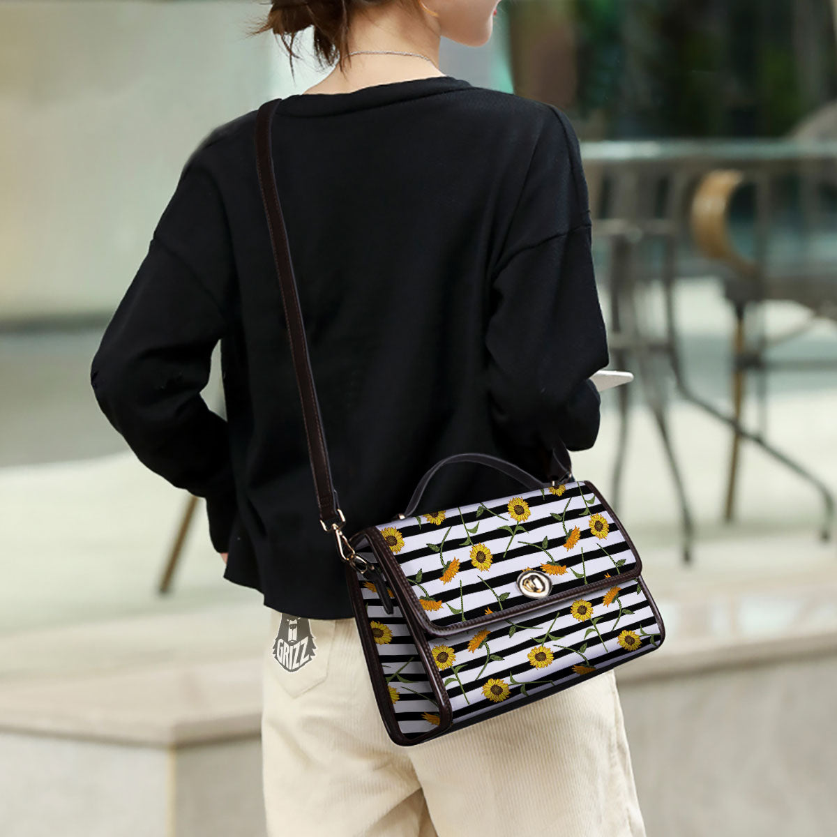 Stripe Sunflower White And Black Print Pattern Women's Satchel Bag - Image 3