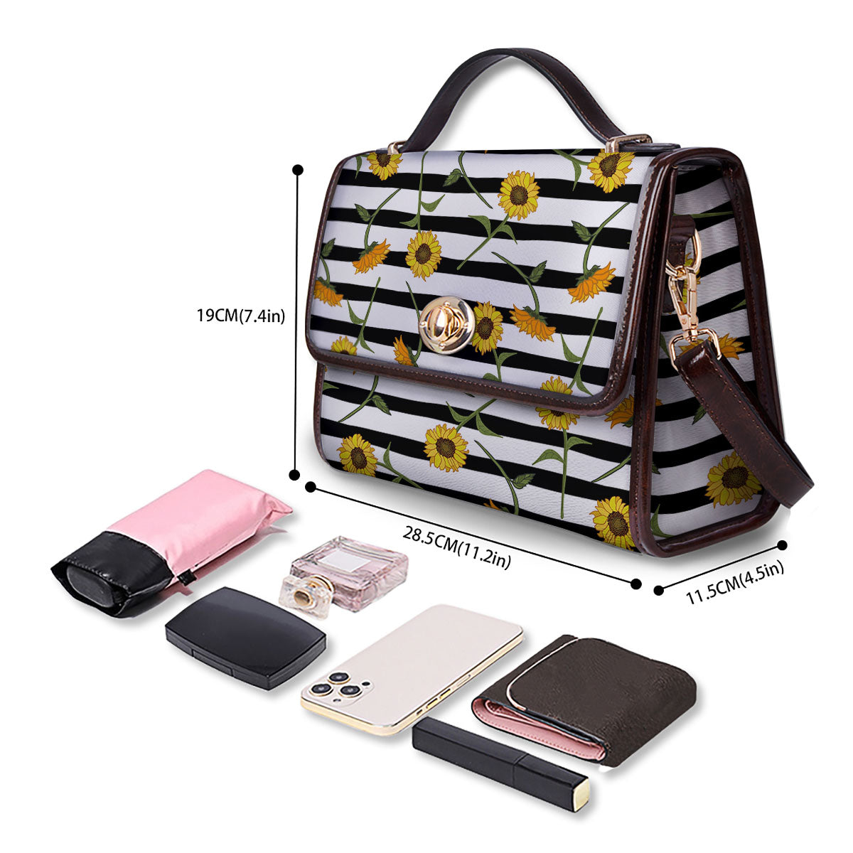 Stripe Sunflower White And Black Print Pattern Women's Satchel Bag - Image 4