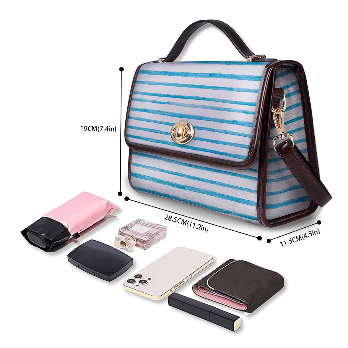 Striped Cyan And White Print Pattern Women's Satchel Bag - Image 4