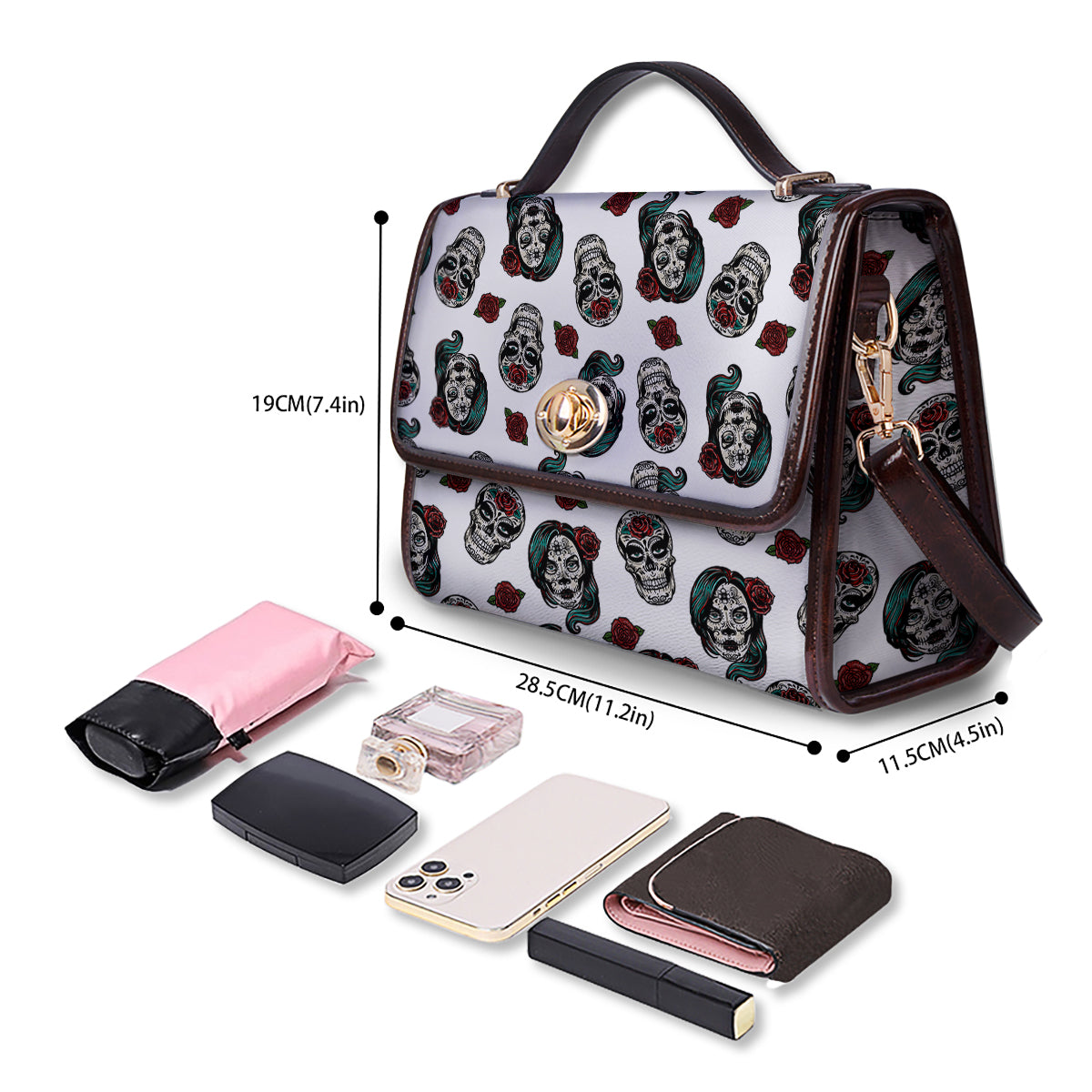 Sugar Skull White Floral Print Pattern Women's Satchel Bag - Image 4