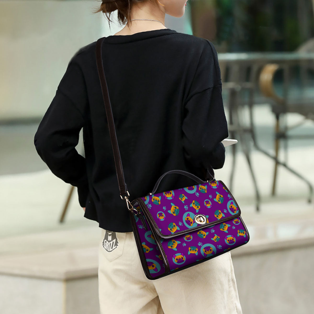 Boston Terrier Purple Print Pattern Women's Satchel Bag - Image 3