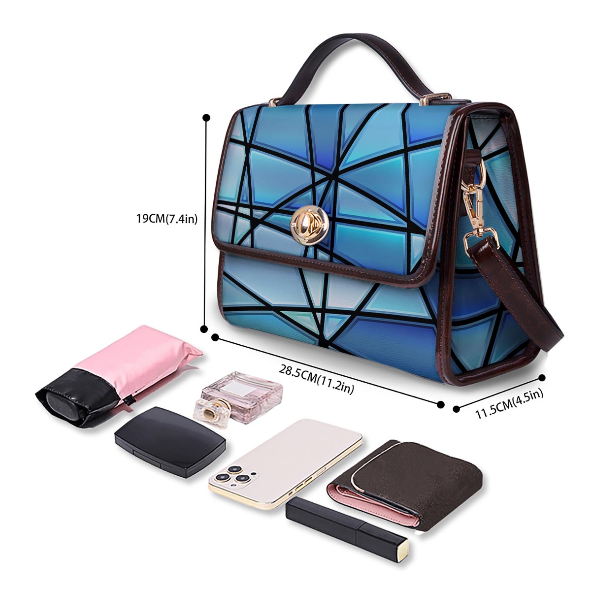 Stained Glass Mosaic Teal Print Women's Satchel Bag - Image 4