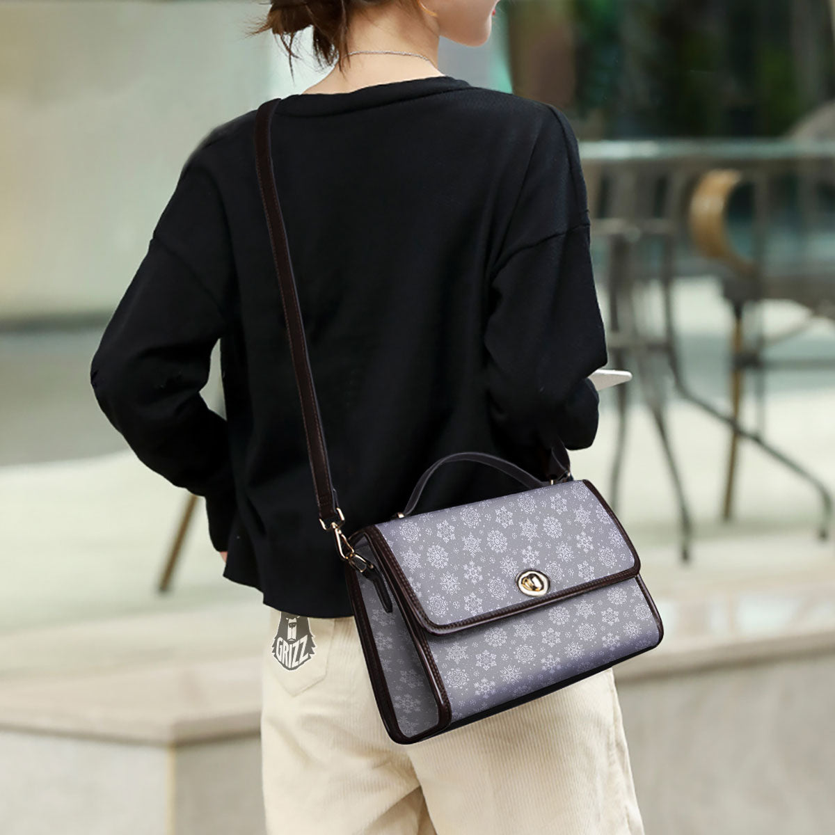 Snowflake Grey And White Print Pattern Women's Satchel Bag - Image 3
